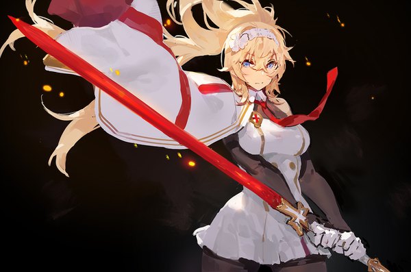 Anime picture 1280x848 with fate (series) warship girls r duke of york (warship girls r) kishiyo single long hair looking at viewer fringe breasts blue eyes simple background blonde hair hair between eyes ponytail black background girl dress gloves weapon sword