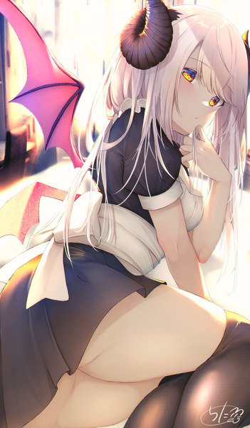 Anime picture 1169x2000 with original chita (ketchup) single long hair tall image looking at viewer blush fringe breasts light erotic hair between eyes sitting signed yellow eyes payot silver hair bent knee (knees) head tilt horn (horns) sunlight