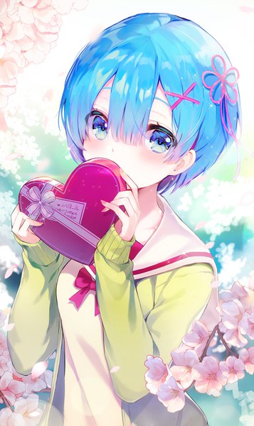 Anime picture 1000x1679 with re:zero kara hajimeru isekai seikatsu white fox rem (re:zero) yuna (deadawon) single tall image looking at viewer fringe short hair blue eyes hair between eyes holding blue hair upper body long sleeves fingernails alternate costume cherry blossoms sleeves past wrists covered mouth