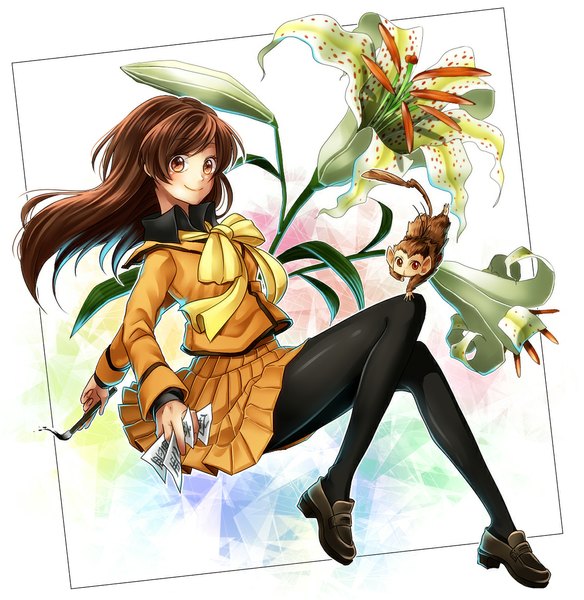 Anime picture 1147x1179 with kamisama hajimemashita momozono nanami single long hair tall image looking at viewer blush smile brown hair brown eyes flying girl uniform flower (flowers) bow school uniform animal pantyhose paper paintbrush