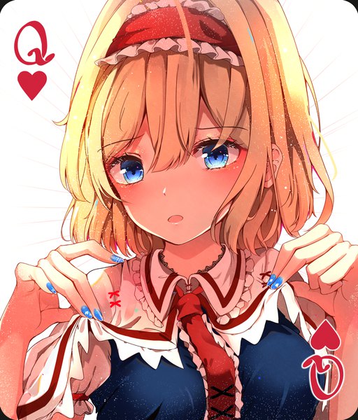 Anime picture 3980x4660 with touhou alice margatroid hunya single tall image looking at viewer fringe highres short hair open mouth blue eyes simple background blonde hair hair between eyes white background holding absurdres upper body nail polish portrait
