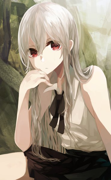 Anime picture 2032x3289 with original roa (ogami ren) ogami ren single long hair tall image fringe highres hair between eyes red eyes sitting grey hair arm support sleeveless shaded face girl skirt black skirt blouse