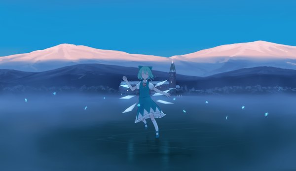 Anime picture 2200x1272 with touhou cirno hinami047 single highres short hair smile wide image blue hair eyes closed arms up winter snow mountain scenic fog lake dancing twilight girl