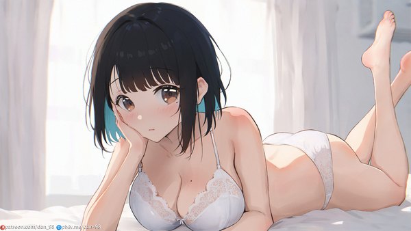 Anime picture 1920x1080 with original dan-98 single looking at viewer blush highres short hair breasts light erotic black hair wide image large breasts brown eyes signed blue hair ass indoors lying multicolored hair barefoot