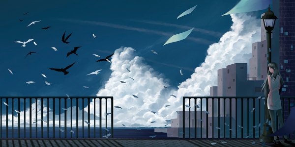 Аниме картинка 1200x600 с оригинальное изображение tamagosho один (одна) длинные волосы чёлка чёрные волосы широкое изображение стоя смотрит в сторону небо облако (облака) ветер тень горизонт тёмные волосы девушка животное колготки птица (птицы) бумага