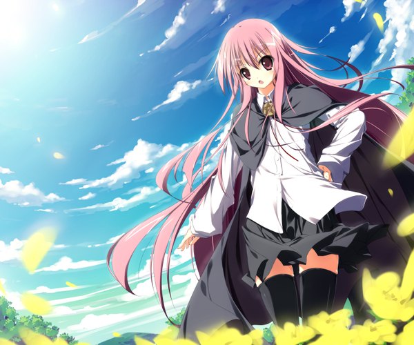 Anime picture 1500x1250 with zero no tsukaima j.c. staff louise francoise le blanc de la valliere mac-kine long hair open mouth red eyes pink hair sky cloud (clouds) loli girl thighhighs skirt flower (flowers) black thighhighs miniskirt shirt petals