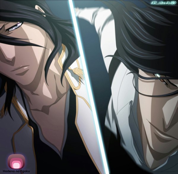 Anime picture 1000x981 with bleach studio pierrot kuchiki byakuya shuukurou tsukishima ar-ua blue eyes black hair simple background smile brown eyes japanese clothes coloring close-up multiview boy shirt kimono