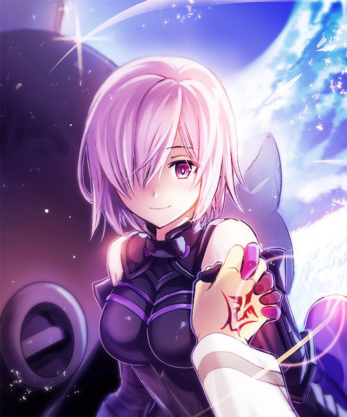 Anime picture 833x1000 with fate (series) fate/grand order mash kyrielight male protagonist (fate/grand order) konpei toooh tall image looking at viewer blush fringe short hair breasts smile bare shoulders pink hair sky cloud (clouds) upper body pink eyes sunlight hair over one eye