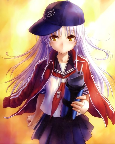 Anime picture 2093x2630 with angel beats! key (studio) tachibana kanade goto p single long hair tall image looking at viewer highres yellow eyes white hair scan official art girl skirt uniform serafuku flat cap water bottle track jacket