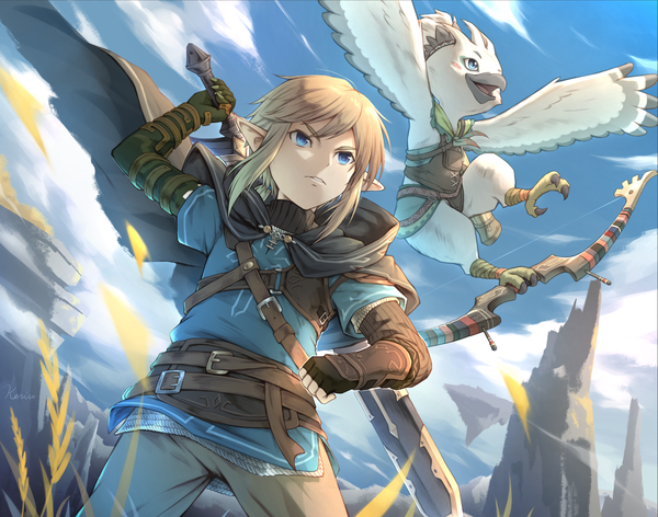 Anime picture 1744x1372 with the legend of zelda the legend of zelda: tears of the kingdom nintendo link tulin (zelda) khell single highres short hair blue eyes blonde hair looking away sky cloud (clouds) pointy ears from below boy weapon animal sword