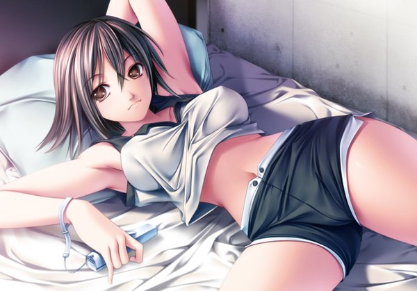 Anime picture 1286x900 with rezi breasts light erotic black hair brown eyes lying girl shorts
