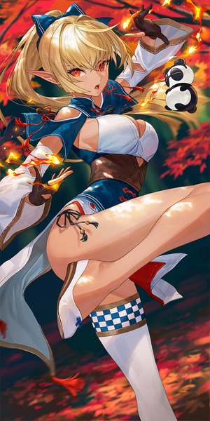Anime picture 800x1600 with virtual youtuber hololive shiranui flare shiranui flare (old design) kintsuba (shiranui flare) ekao single long hair tall image looking at viewer fringe breasts open mouth light erotic blonde hair hair between eyes payot cleavage outdoors ponytail