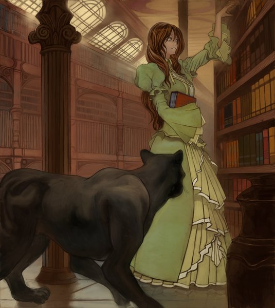 Anime picture 1338x1500 with hakushaku to yousei lydia carlton lack long hair tall image brown hair indoors grey eyes girl dress animal book (books) library panther