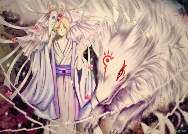 Anime picture 1600x1143 with natsume yuujinchou brains base (studio) natsume takashi madara (nyanko-sensei) short hair blonde hair yellow eyes traditional clothes horn (horns) mask on head boy flower (flowers) animal mask