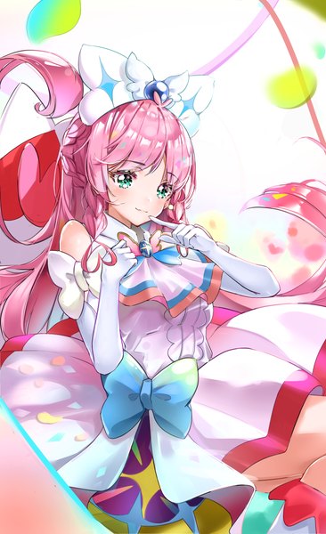 Anime picture 1829x3000 with precure hirogaru sky! precure toei animation nijigaoka mashiro cure prism scup single long hair tall image blush highres green eyes looking away pink hair light smile magical girl girl dress gloves bow