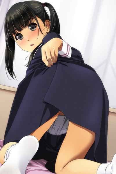 Anime picture 800x1200 with original matsunaga kouyou single long hair tall image looking at viewer blush fringe open mouth light erotic black hair twintails blunt bangs looking back black eyes on all fours girl skirt uniform school uniform