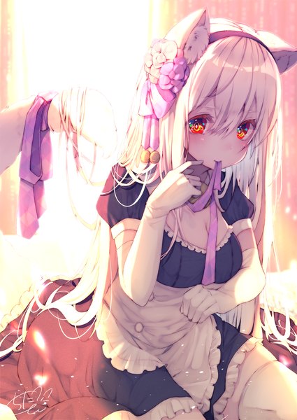 Anime picture 1417x2000 with original chita (ketchup) single long hair tall image looking at viewer blush fringe hair between eyes red eyes sitting holding signed animal ears white hair indoors tail animal tail cat ears short sleeves
