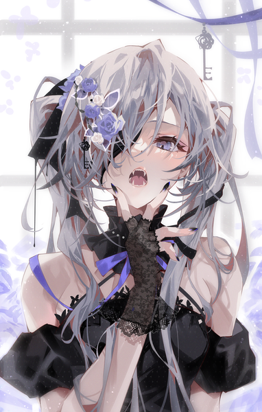Anime picture 1592x2500 with original arutera single long hair tall image looking at viewer fringe open mouth hair between eyes bare shoulders upper body nail polish arm up hair flower fingernails grey hair grey eyes fang (fangs) black nail polish girl