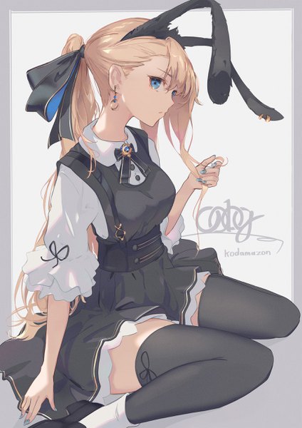 Anime picture 1723x2436 with original kodamazon single long hair tall image looking at viewer fringe highres blue eyes simple background blonde hair hair between eyes sitting signed animal ears ponytail nail polish profile fingernails grey background