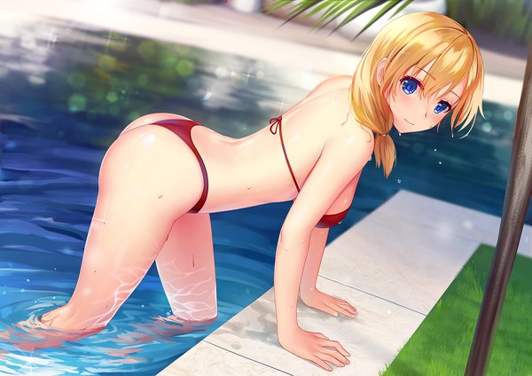 Anime picture 1200x849 with warship girls r rodney (warship girls r) xiaoyin li single long hair looking at viewer blush fringe breasts blue eyes light erotic blonde hair smile hair between eyes standing payot outdoors ass blurry arm support