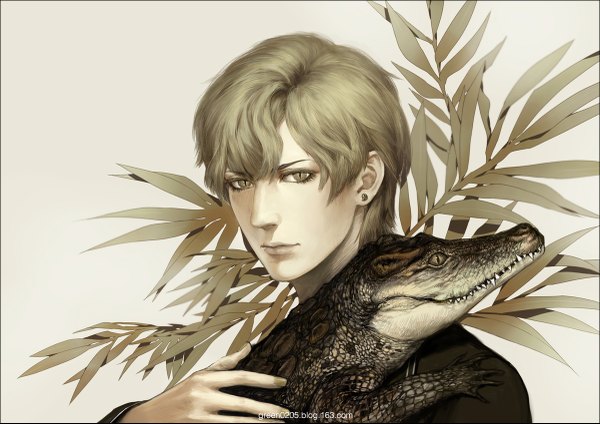 Anime picture 1200x849 with original green (pixiv) short hair simple background green eyes signed nail polish green hair animal eyes boy plant (plants) earrings animal reptile crocodile