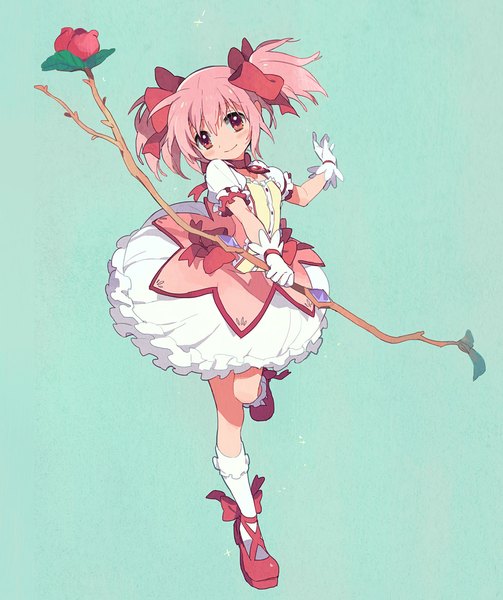 Anime picture 978x1167 with mahou shoujo madoka magica shaft (studio) kaname madoka poo (donkan gokko) single tall image looking at viewer blush fringe short hair simple background smile twintails pink hair pink eyes short twintails leg lift (legs lift) magical girl running aqua background