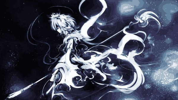 Anime picture 1500x845 with touhou toramaru shou yoshioka yoshiko single short hair wide image night monochrome girl spear