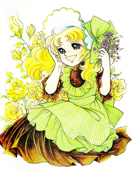 Anime picture 1001x1300 with candy candy toei animation candice white ardlay single long hair tall image open mouth blonde hair smile twintails green eyes wavy hair girl dress flower (flowers) bow hair bow rose (roses) bonnet
