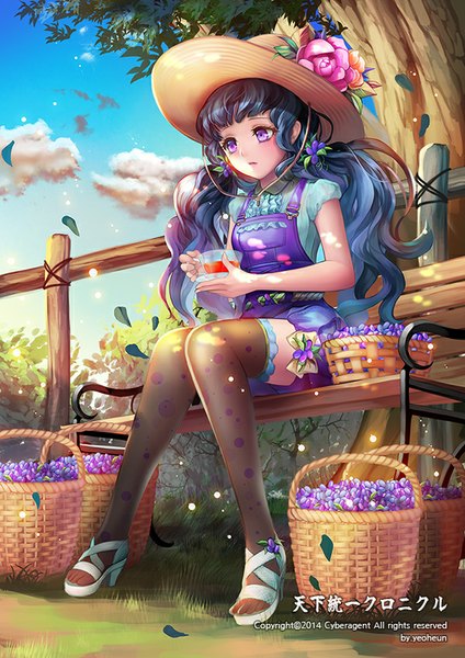 Anime picture 600x848 with original yeoheun single long hair tall image fringe sitting purple eyes twintails blue hair looking away sky cloud (clouds) bent knee (knees) hair flower girl thighhighs hair ornament flower (flowers) black thighhighs