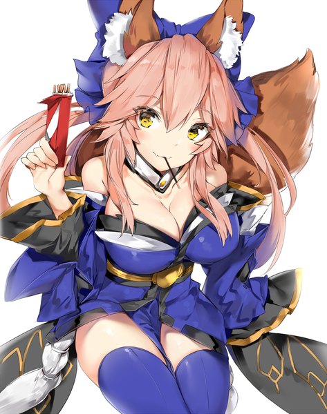 Anime picture 1000x1269 with fate (series) fate/extra tamamo (fate) (all) tamamo no mae (fate) silver (chenwen) single long hair tall image looking at viewer blush fringe breasts light erotic simple background smile hair between eyes large breasts white background bare shoulders holding