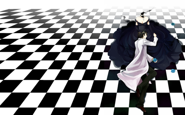 Anime picture 1280x800 with durarara!! brains base (studio) celty sturluson kishitani shinra wide image couple checkered floor checkered background