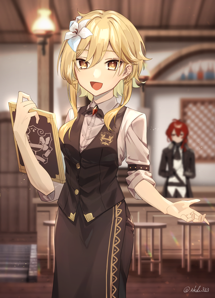 Anime picture 2646x3679 with genshin impact lumine (genshin impact) diluc ragnvindr aodake (winter1517) tall image looking at viewer fringe highres short hair open mouth blonde hair hair between eyes signed yellow eyes red hair indoors :d hair flower blurry twitter username