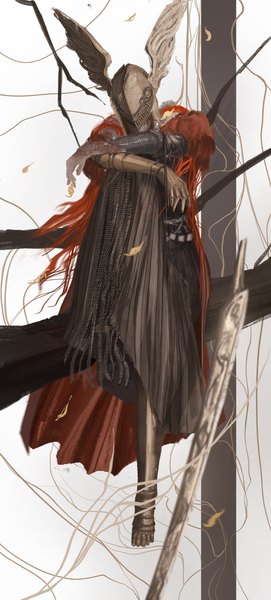 Anime picture 926x2048 with elden ring malenia blade of miquella schlangennest single long hair tall image sitting full body red hair crossed arms girl weapon cape helmet prosthesis blade