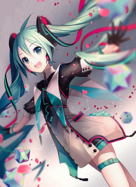 Anime picture 873x1200 with vocaloid magical mirai (vocaloid) hatsune miku magical mirai miku magical mirai miku (2015) ixima single tall image looking at viewer fringe open mouth hair between eyes standing twintails ahoge very long hair aqua eyes aqua hair spread arms girl