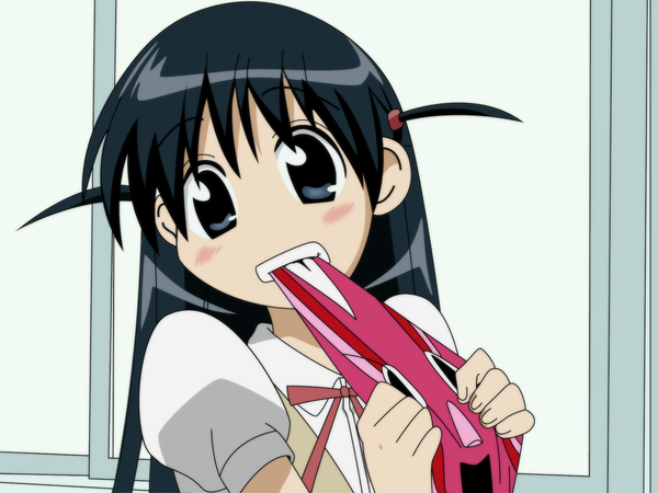 Anime picture 1600x1200 with school rumble tsukamoto tenma single long hair looking at viewer blush fringe black hair black eyes short sleeves two side up bite girl window