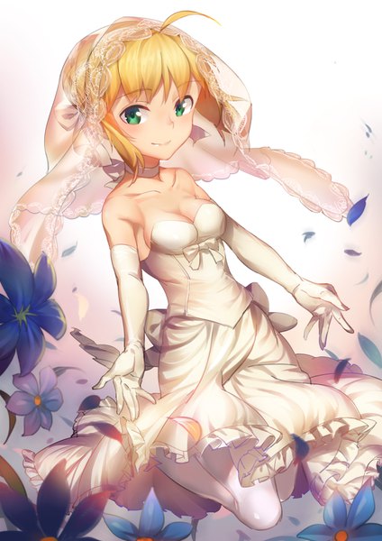 Anime picture 2480x3508 with fate (series) fate/stay night artoria pendragon (all) saber pg (pgouwoderen) single tall image looking at viewer blush fringe highres short hair breasts blonde hair smile green eyes cleavage full body ahoge happy
