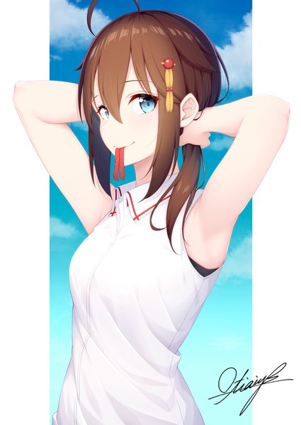 Anime picture 2508x3541 with kantai collection shigure destroyer ochiai miyabi single long hair tall image looking at viewer fringe highres blue eyes brown hair standing holding signed sky cloud (clouds) upper body ahoge outdoors arms up