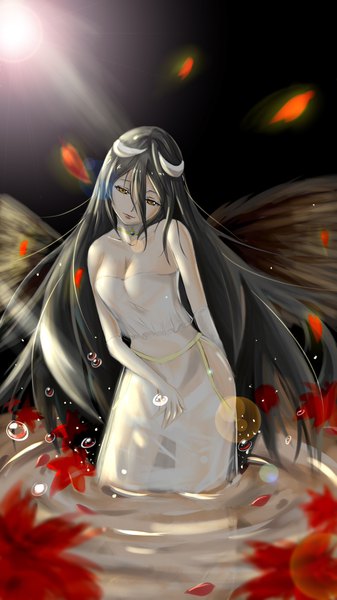 Anime picture 1125x2001 with overlord (maruyama) madhouse albedo (overlord) z19991127 single tall image fringe breasts light erotic black hair simple background hair between eyes large breasts standing bare shoulders yellow eyes cleavage very long hair head tilt horn (horns)