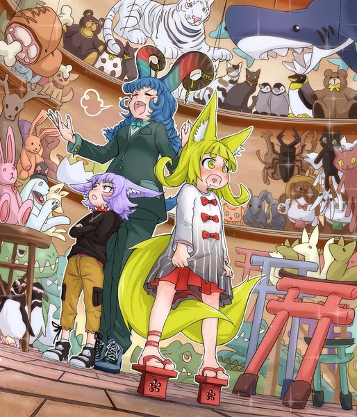 Anime picture 1364x1592 with original kogitsune (doitsuken) noroiken (doitsuken) doitsuken long hair tall image short hair open mouth blonde hair smile red eyes multiple girls animal ears yellow eyes blue hair looking away purple hair tail eyes closed long sleeves