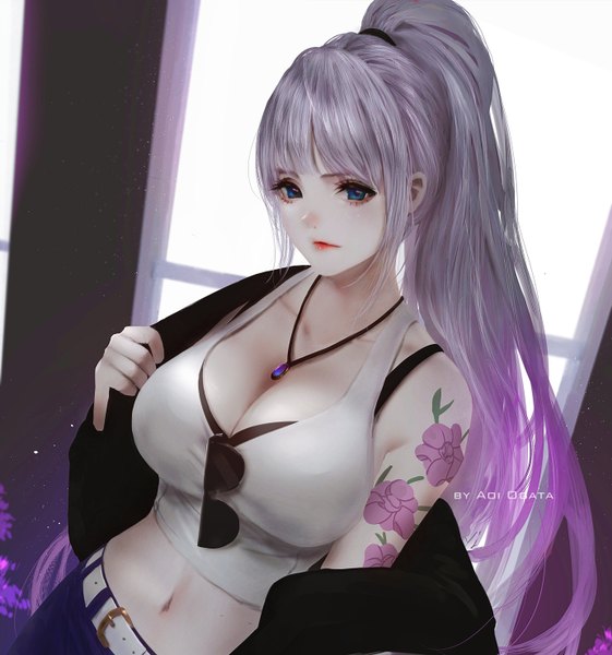 Anime-Bild 1382x1478 mit original aoi ogata single long hair tall image looking at viewer fringe breasts blue eyes light erotic large breasts standing signed payot cleavage silver hair upper body ponytail blunt bangs multicolored hair