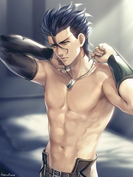 Anime picture 1000x1333 with fate (series) fate/grand order fate/zero diarmuid ua duibhne (lancer) (fate) diarmuid ua duibhne (fate/grand order) hagino kouta single tall image fringe short hair light erotic black hair hair between eyes standing signed yellow eyes indoors mole arms up depth of field
