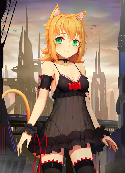 Anime picture 4800x6600 with original sonikey0 0 single tall image blush fringe highres short hair breasts light erotic blonde hair smile hair between eyes standing bare shoulders green eyes animal ears absurdres cleavage outdoors