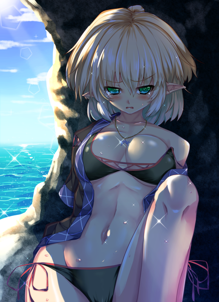 Anime picture 1000x1376 with touhou mizuhashi parsee sousakubito single tall image looking at viewer blush highres short hair breasts open mouth light erotic blonde hair sitting green eyes sky cloud (clouds) pointy ears off shoulder tears
