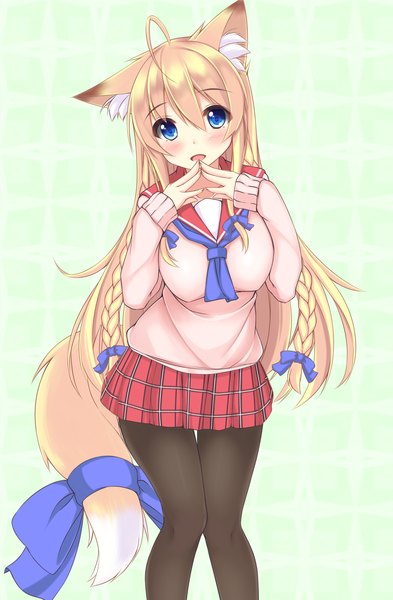 Anime picture 1640x2500 with original sogaya single long hair tall image looking at viewer blush fringe breasts blue eyes simple background blonde hair smile large breasts standing animal ears ahoge tail braid (braids) animal tail