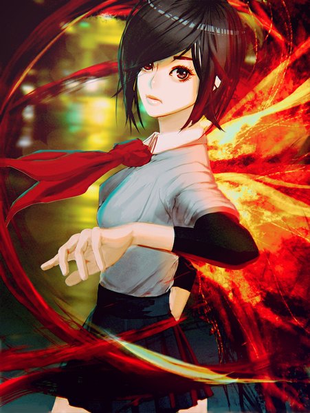 Anime picture 700x932 with tokyo ghoul studio pierrot kirishima touka hao single tall image looking at viewer short hair black hair red eyes outdoors pleated skirt reflection eyebrows city lights girl skirt kagune