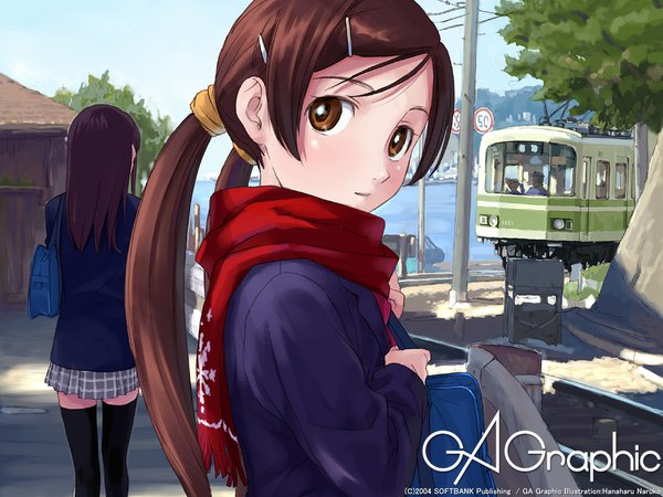 Anime picture 1024x768 with gagraphic enoshima electric railway naruko hanaharu long hair brown hair twintails brown eyes wallpaper zettai ryouiki plaid skirt plaid real world location girl thighhighs skirt uniform hair ornament school uniform scarf bobby pin