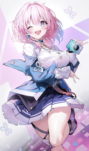 Anime picture 894x1505 with honkai: star rail honkai (series) march 7th (honkai: star rail) un uk single tall image looking at viewer blush short hair open mouth blue eyes standing holding pink hair one eye closed wink standing on one leg ;d pinky out girl