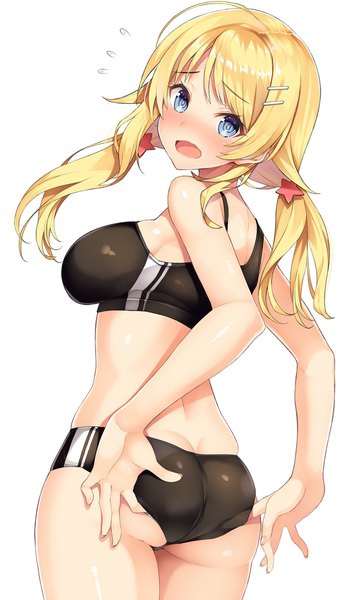 Anime picture 1234x2048 with idolmaster idolmaster shiny colors hachimiya meguru inuzumi masaki single long hair tall image looking at viewer blush fringe breasts open mouth blue eyes light erotic blonde hair simple background large breasts standing white background twintails