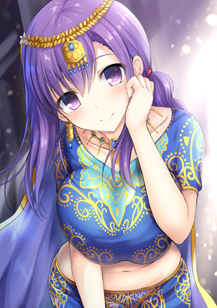 Anime picture 707x1000 with fate (series) fate/grand order matou sakura parvati (fate/grand order) taiki ken single long hair tall image looking at viewer breasts light erotic large breasts purple eyes purple hair traditional clothes head tilt midriff hand on cheek girl navel
