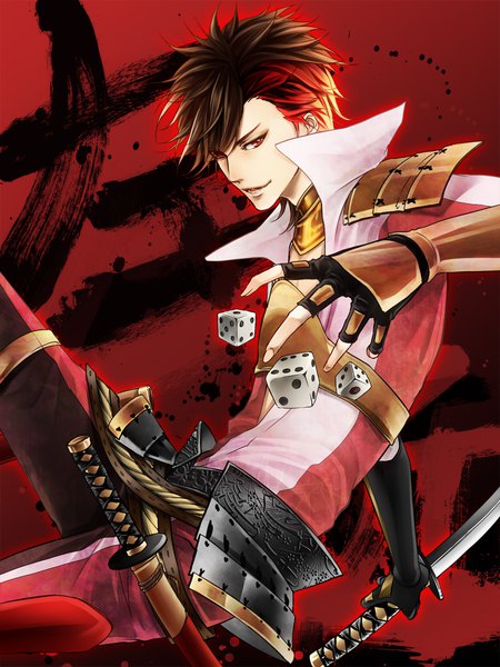 Anime picture 800x1067 with sengoku basara production i.g shima sakon (sengoku basara) nihit0 single tall image looking at viewer fringe short hair open mouth smile red eyes brown hair holding red hair multicolored hair arm up two-tone hair sheathed popped collar